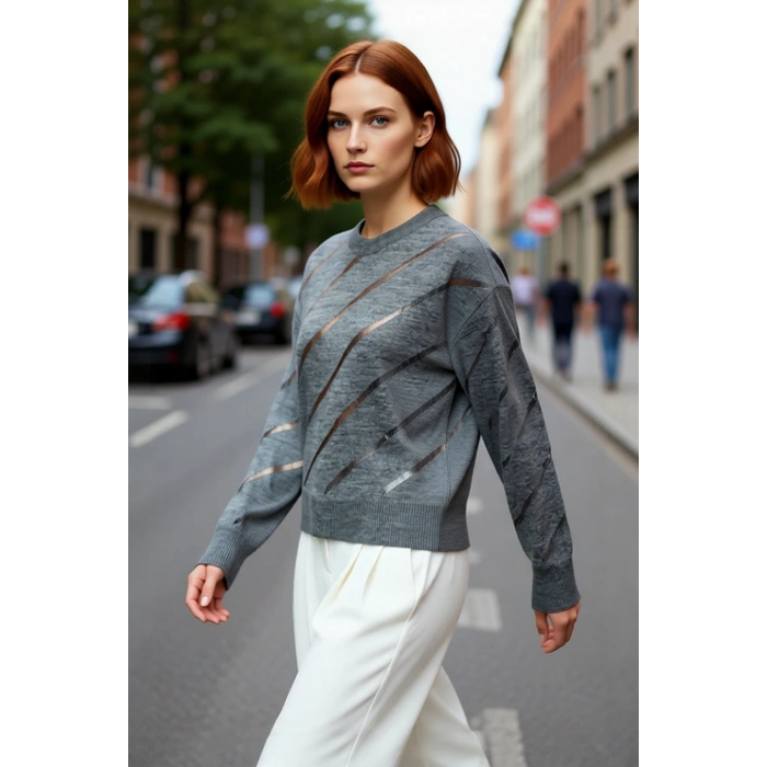 Kadınlar İçin Uzun Kollu Ajurlu Detaylı Triko Kazak Rahat Kesim Şık Tasarım Gündüz Gece Kaliteli