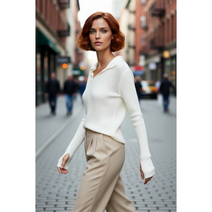 Kadınlar İçin Uzun Kollu Regular Fitilli Triko Kazak Polo Yaka Detaylı Kışlık Şık Görünüm Kaliteli