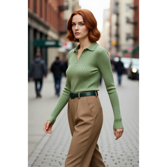 Kadınlar İçin Uzun Kollu Regular Fitilli Triko Kazak Polo Yaka Detaylı Kışlık Şık Görünüm Kaliteli