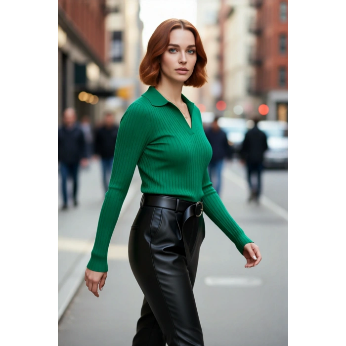 Kadınlar İçin Uzun Kollu Regular Fitilli Triko Kazak Polo Yaka Detaylı Kışlık Şık Görünüm Kaliteli