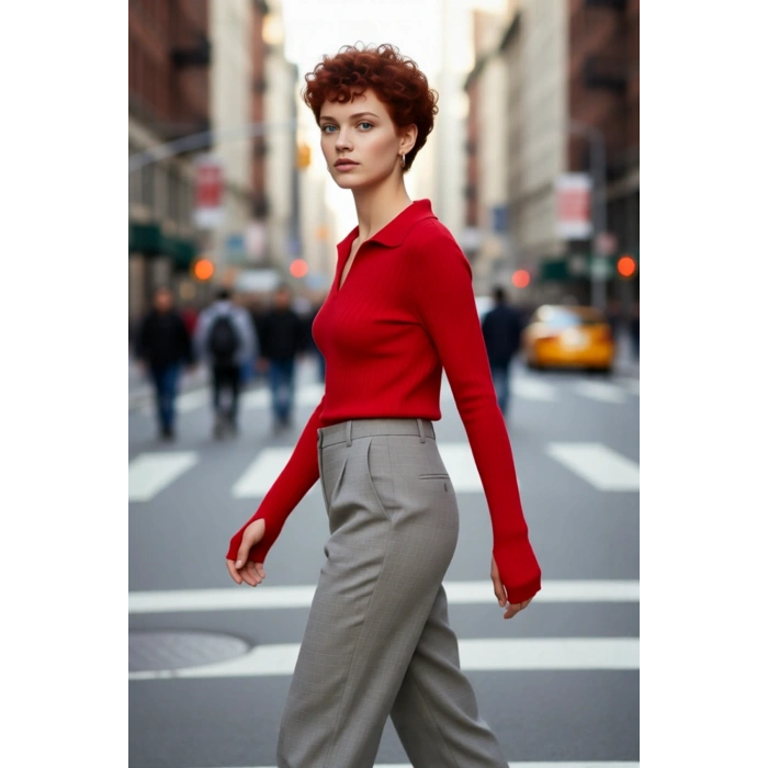 Kadınlar İçin Uzun Kollu Regular Fitilli Triko Kazak Polo Yaka Detaylı Kışlık Şık Görünüm Kaliteli