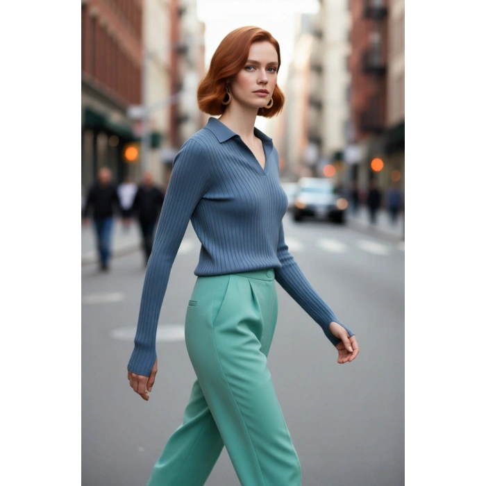 Kadınlar İçin Uzun Kollu Regular Fitilli Triko Kazak Polo Yaka Detaylı Kışlık Şık Görünüm Kaliteli