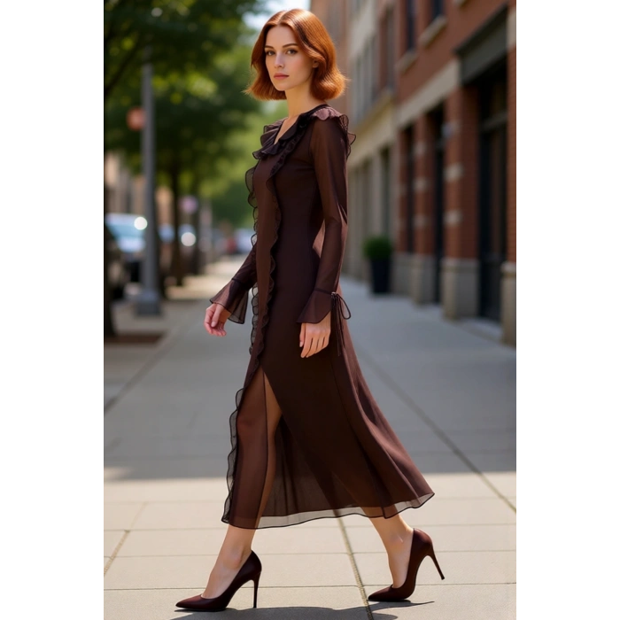 Kadınlar İçin V Yaka Fırfırlı Maxi Elbise Standart Kol Detaylı A Kesim Rahat ve Zarif Tasarım