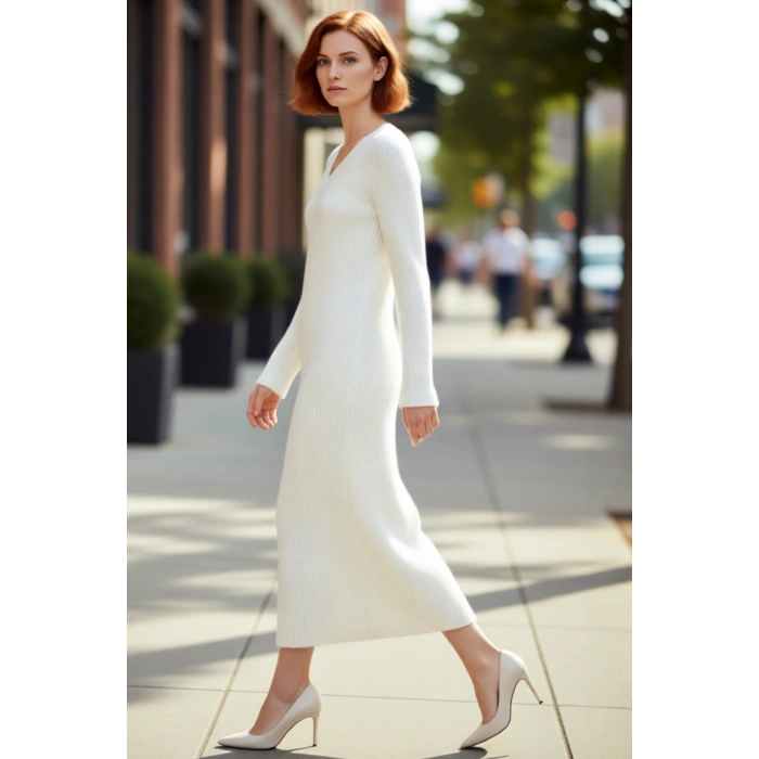 Kadınlar İçin V Yaka Maxi Boy Triko Elbise Uzun Kollu Rahat Shift Kalıp Kışlık Günlük Şıklık