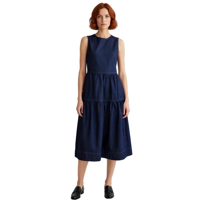 Kadınlar İçin Volanlı Midi Denim Elbise %100 Pamuk Bisiklet Yaka Kolsuz Şık ve Rahat Kaliteli