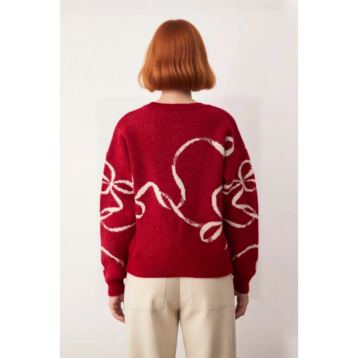 Kadınlar İçin Yılbaşı Temalı Desenli Yumuşak Dokulu Rahat Kalıp Bisiklet Yaka Triko Kazak Kaliteli