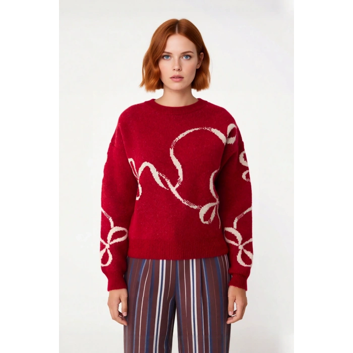 Kadınlar İçin Yılbaşı Temalı Desenli Yumuşak Dokulu Rahat Kalıp Bisiklet Yaka Triko Kazak Kaliteli