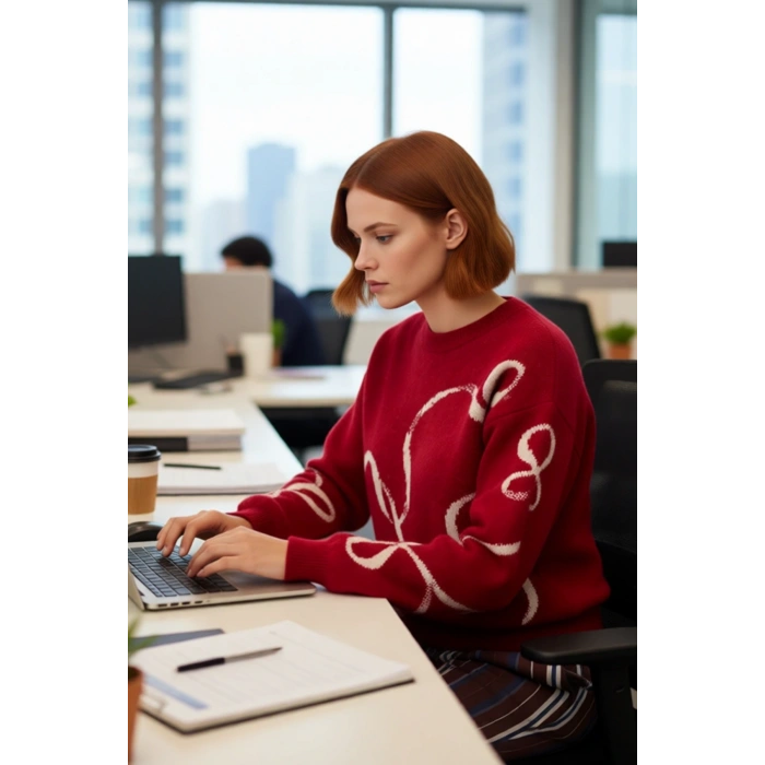 Kadınlar İçin Yılbaşı Temalı Desenli Yumuşak Dokulu Rahat Kalıp Bisiklet Yaka Triko Kazak Kaliteli