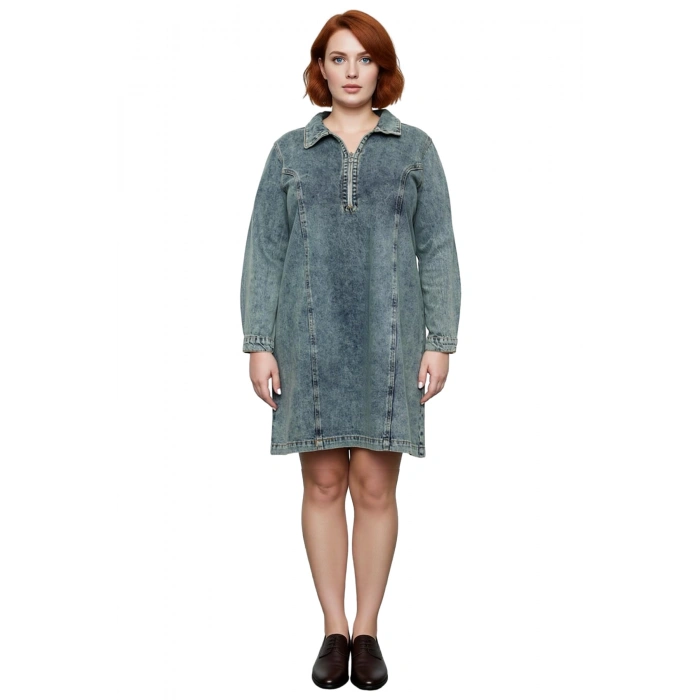 Kadınlara Özel %100 Pamuk Mavi Düz Desen Gömlek Yaka Denim Shift Kalıp Mini Elbise Kaliteli