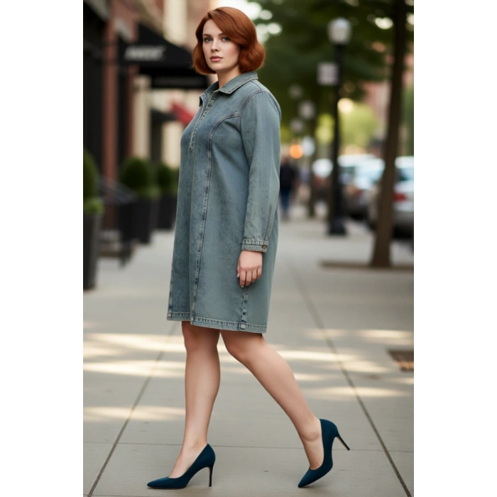 Kadınlara Özel %100 Pamuk Mavi Düz Desen Gömlek Yaka Denim Shift Kalıp Mini Elbise Kaliteli