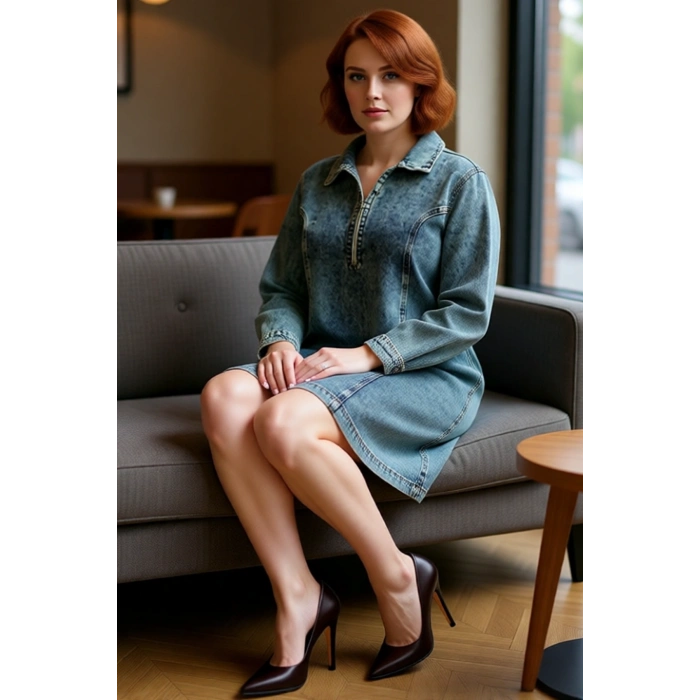 Kadınlara Özel %100 Pamuk Mavi Düz Desen Gömlek Yaka Denim Shift Kalıp Mini Elbise Kaliteli