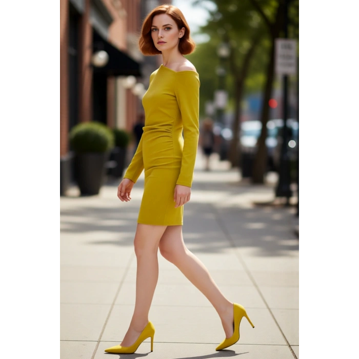 Kadınlara Özel Asimetrik Yaka Büzgü Detaylı Uzun Kollu Kışlık A Line Örme Mini Elbise Kaliteli