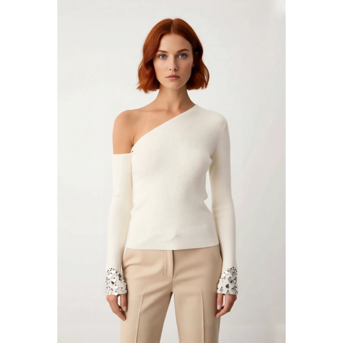 Kadınlara Özel Asimetrik Yaka Detaylı Payetli Kol Triko Kazak Uzun Kollu İlkbahar Sonbahar