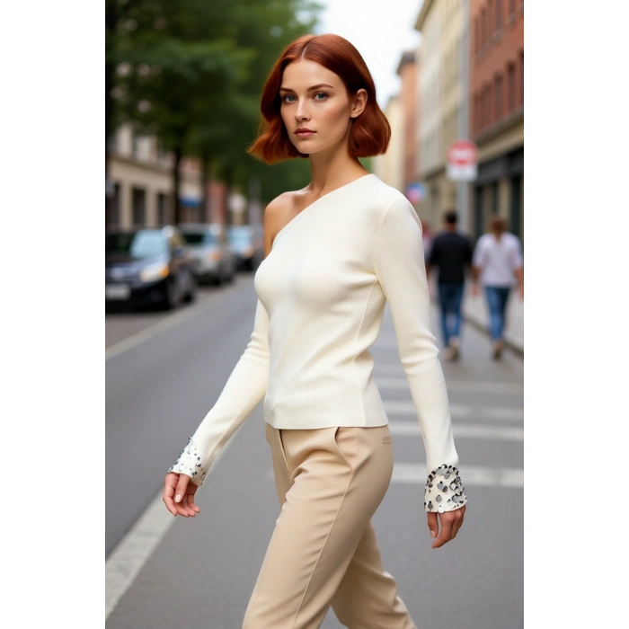 Kadınlara Özel Asimetrik Yaka Detaylı Payetli Kol Triko Kazak Uzun Kollu İlkbahar Sonbahar