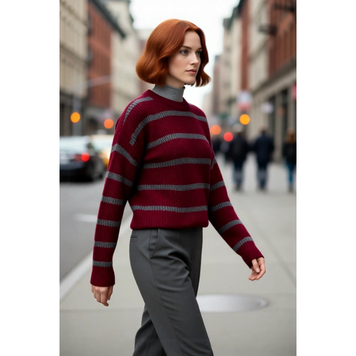 Kadınlara Özel Basic Çizgili Oversize Triko Kazak Bisiklet Yaka Uzun Düşük Kol Kış Şıklığı