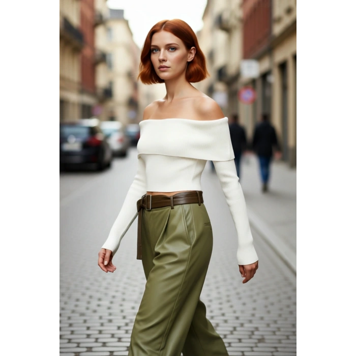 Kadınlara Özel Basic Fitted Kesim Uzun Kollu Crop Akrilik Triko Carmen Yaka Kazak Kaliteli