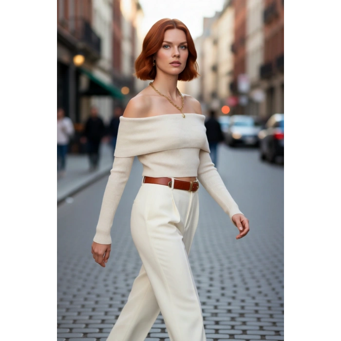 Kadınlara Özel Basic Fitted Kesim Uzun Kollu Crop Akrilik Triko Carmen Yaka Kazak Kaliteli