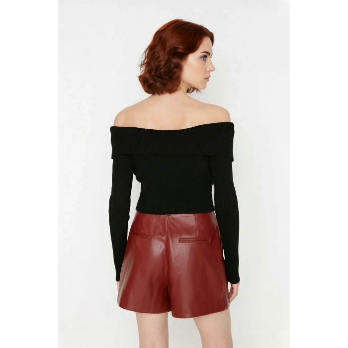 Kadınlara Özel Basic Fitted Kesim Uzun Kollu Crop Akrilik Triko Carmen Yaka Kazak Kaliteli