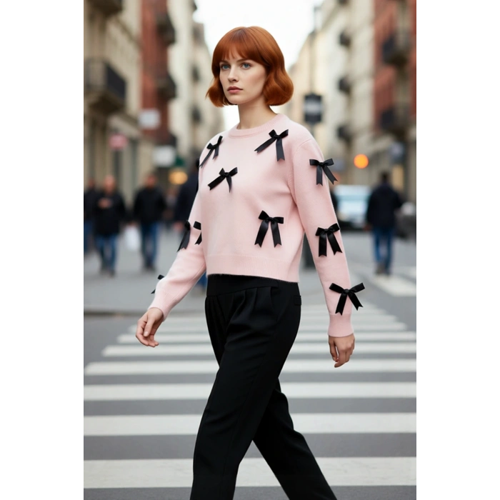 Kadınlara Özel Basic Regular Kalıp Bisiklet Yaka Kurdele Detaylı Triko Uzun Kollu Kazak Kaliteli