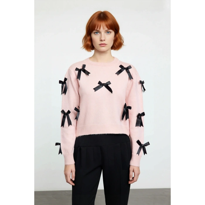 Kadınlara Özel Basic Regular Kalıp Bisiklet Yaka Kurdele Detaylı Triko Uzun Kollu Kazak Kaliteli