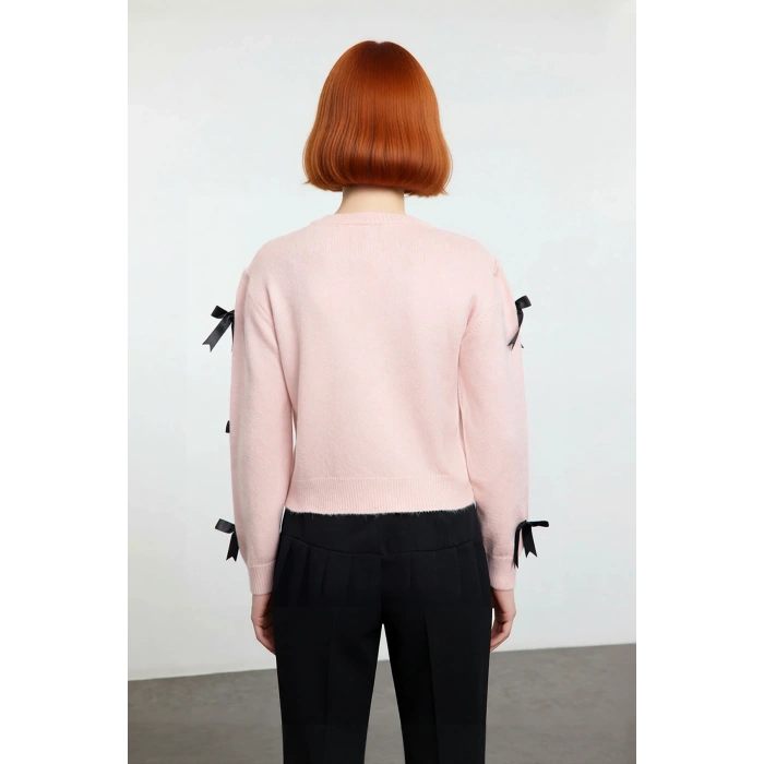 Kadınlara Özel Basic Regular Kalıp Bisiklet Yaka Kurdele Detaylı Triko Uzun Kollu Kazak Kaliteli