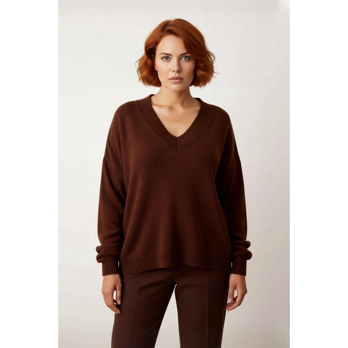 Kadınlara Özel Basic Regular Kalıp V Yaka Triko Kazak Büzgülü Uzun Kol Rahat Günlük Kombinler