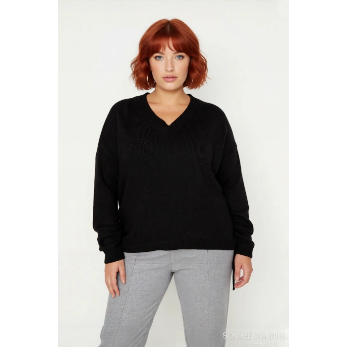 Kadınlara Özel Basic Regular Kalıp V Yaka Triko Kazak Büzgülü Uzun Kol Rahat Günlük Kombinler