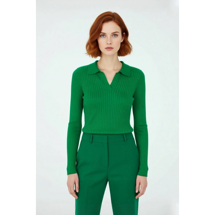 Kadınlara Özel Basic Regular Kesim Polo Yaka Fitilli Triko Kazak Modern ve Konforlu Stil Kaliteli