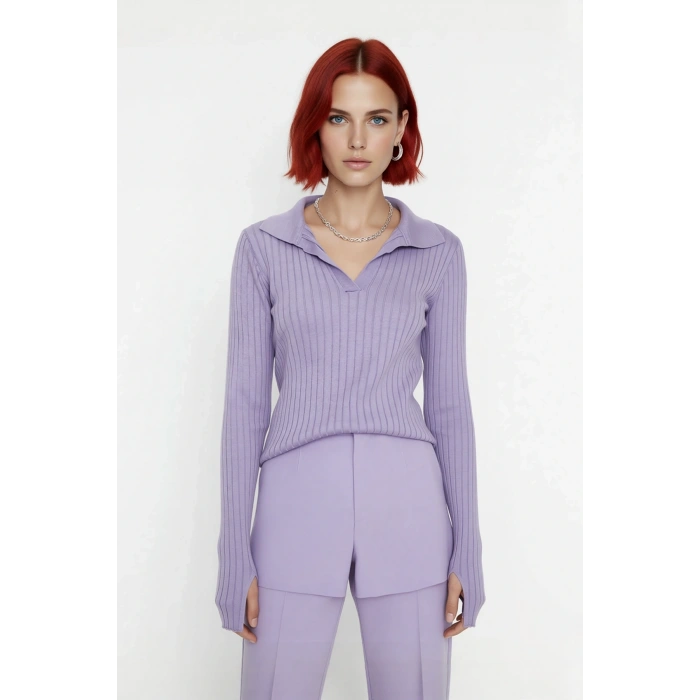 Kadınlara Özel Basic Regular Kesim Polo Yaka Fitilli Triko Kazak Modern ve Konforlu Stil Kaliteli