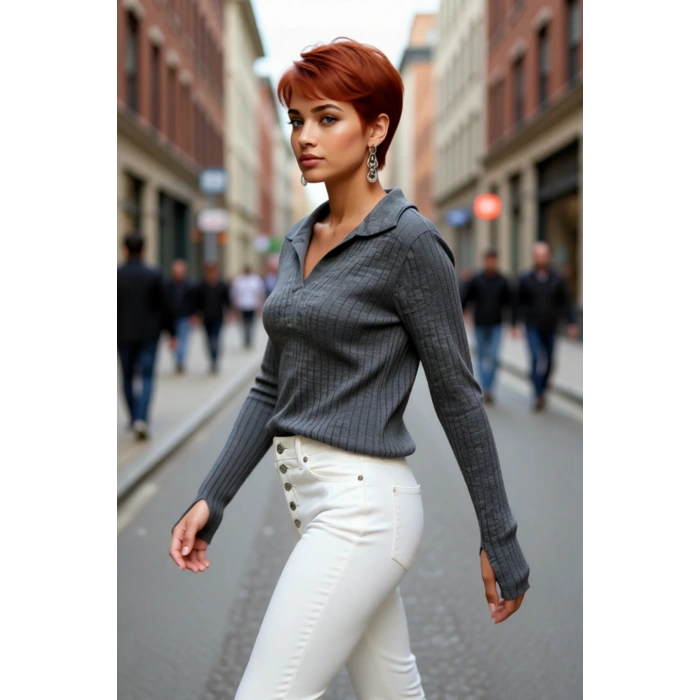 Kadınlara Özel Basic Regular Kesim Polo Yaka Fitilli Triko Kazak Modern ve Konforlu Stil Kaliteli