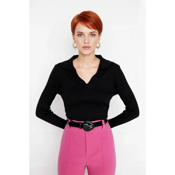 Kadınlara Özel Basic Regular Kesim Polo Yaka Fitilli Triko Kazak Modern ve Konforlu Stil Kaliteli