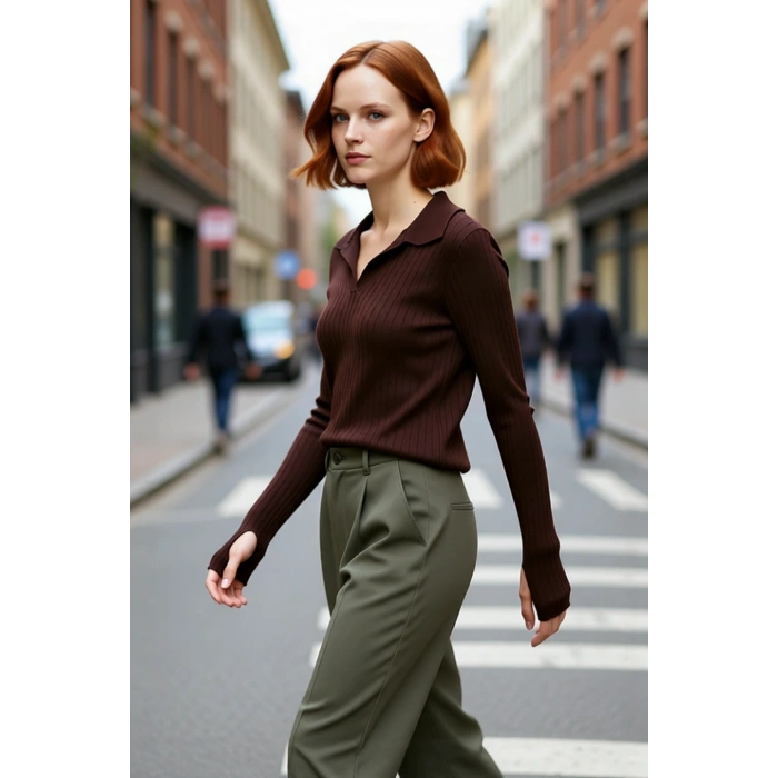 Kadınlara Özel Basic Regular Kesim Polo Yaka Fitilli Triko Kazak Modern ve Konforlu Stil Kaliteli