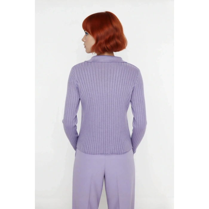 Kadınlara Özel Basic Regular Kesim Polo Yaka Fitilli Triko Kazak Modern ve Konforlu Stil Kaliteli