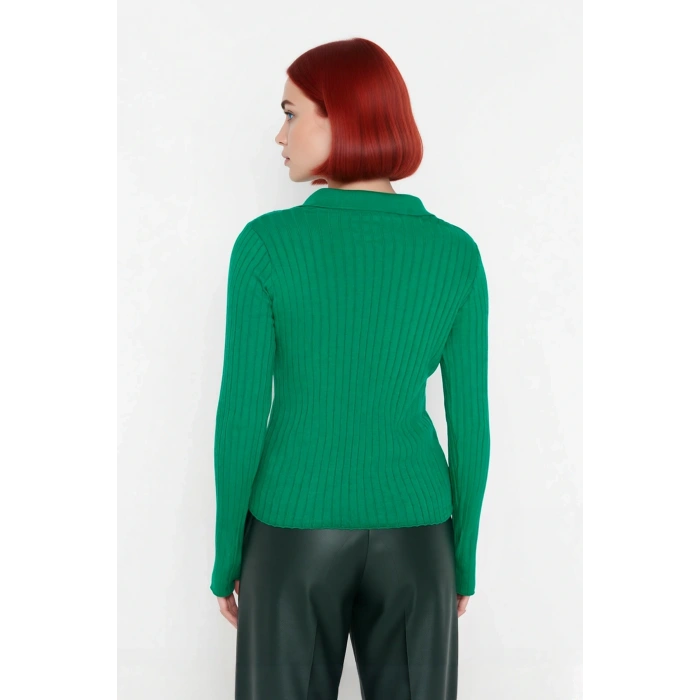 Kadınlara Özel Basic Regular Kesim Polo Yaka Fitilli Triko Kazak Modern ve Konforlu Stil Kaliteli