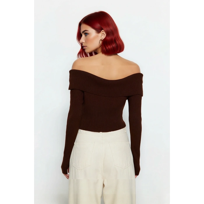 Kadınlara Özel Basic Siluet Fitted Triko Kazak Crop Boy Carmen Yaka Şık Seçim Kaliteli