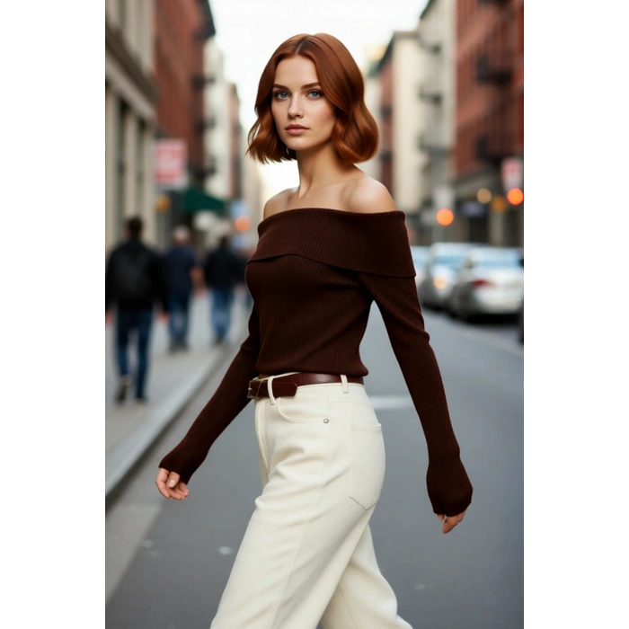 Kadınlara Özel Basic Siluet Fitted Triko Kazak Crop Boy Carmen Yaka Şık Seçim Kaliteli