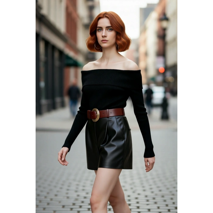 Kadınlara Özel Basic Siluet Fitted Triko Kazak Crop Boy Carmen Yaka Şık Seçim Kaliteli