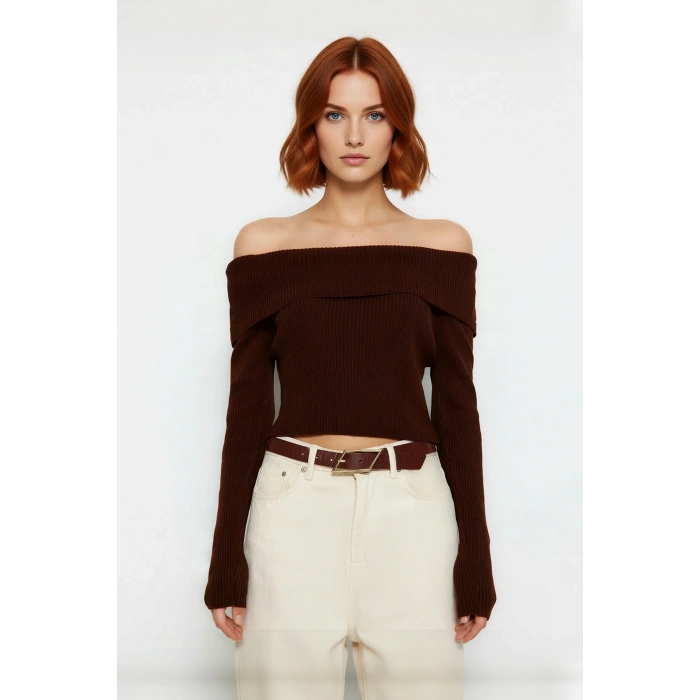 Kadınlara Özel Basic Siluet Fitted Triko Kazak Crop Boy Carmen Yaka Şık Seçim Kaliteli