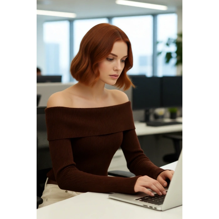 Kadınlara Özel Basic Siluet Fitted Triko Kazak Crop Boy Carmen Yaka Şık Seçim Kaliteli