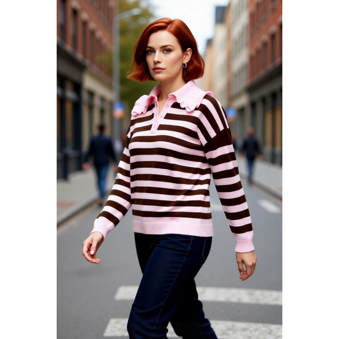 Kadınlara Özel Bebe Yaka Çizgili Triko Kazak Regular Kalıp Uzun Kol Günlük Kış Konforu Kaliteli