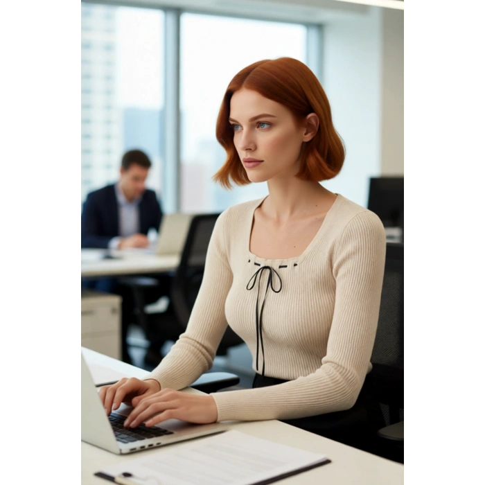 Kadınlara Özel Bej Rengi Kare Yaka Fitted Triko Kazak Uzun Kollu Yapısıyla Casual Tarzınızı