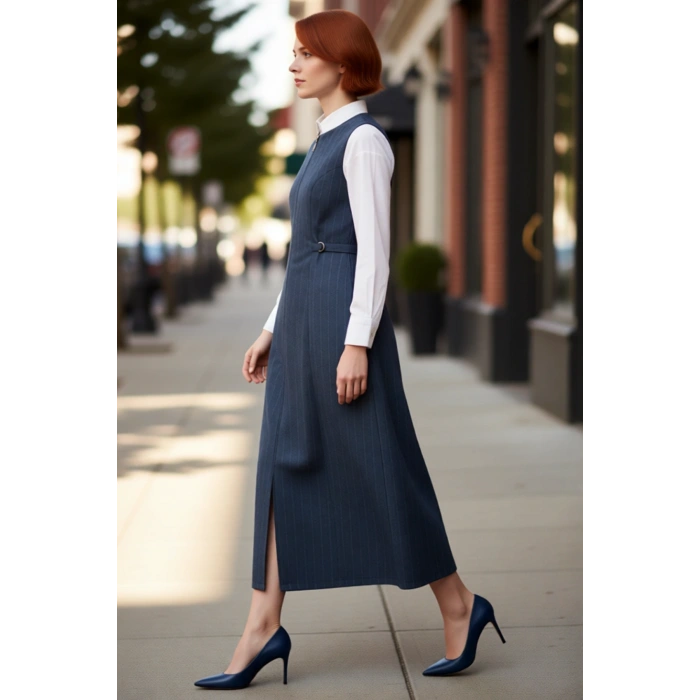 Kadınlara Özel Bisiklet Yaka Çizgili Maxi Elbise Şık Fermuar Detaylı Astarsız Tesettür Giyim Stili