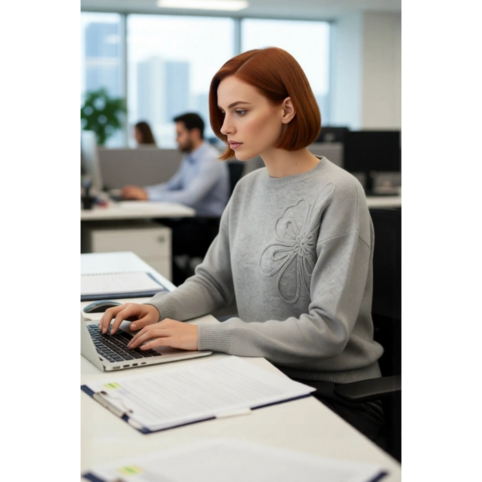 Kadınlara Özel Bisiklet Yaka Nakışlı Çiçekli Gri Triko Kazak Günlük Kış Stili Kaliteli Şık