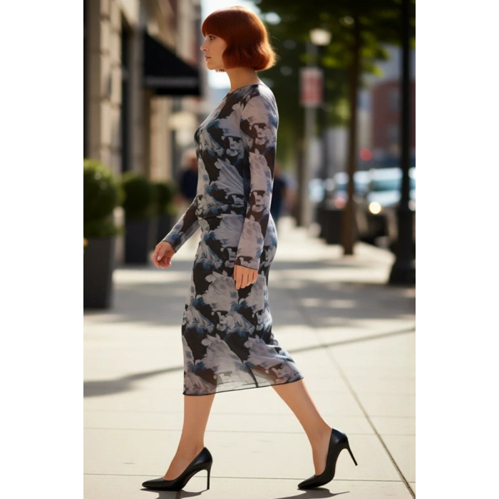 Kadınlara Özel Bodycon Fit Midi Elbise Tül Detaylı Uzun Kol Örme Kumaş İlkbahar Sonbahar Şıklığı