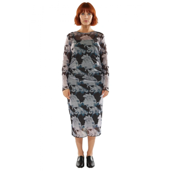 Kadınlara Özel Bodycon Fit Midi Elbise Tül Detaylı Uzun Kol Örme Kumaş İlkbahar Sonbahar Şıklığı