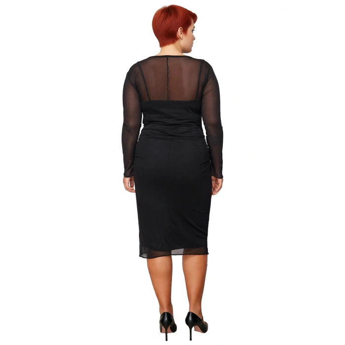 Kadınlara Özel Bodycon Fit Midi Elbise Tül Detaylı Uzun Kol Örme Kumaş İlkbahar Sonbahar Şıklığı