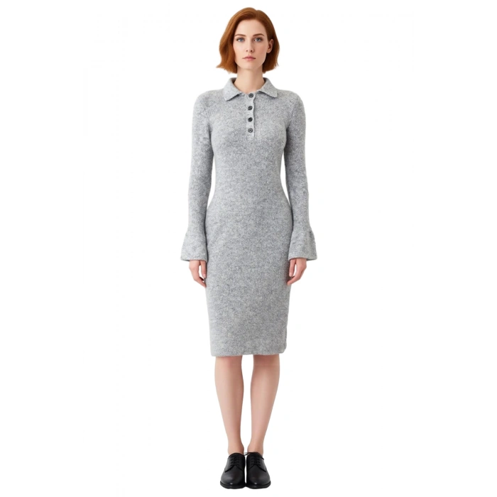 Kadınlara Özel Bodycon Kalıp Degrade Triko Polo Yaka Midi Elbise Kış Kombinleri İçin İdeal Seçim