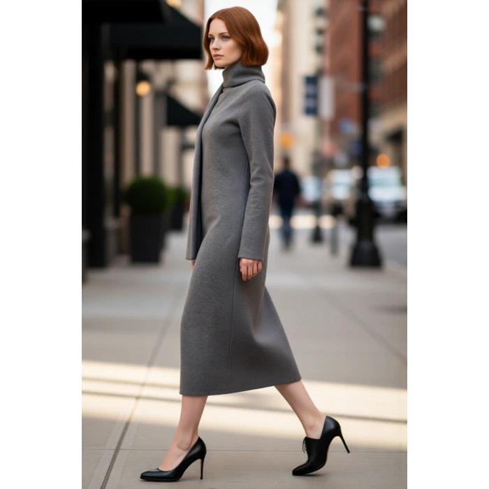 Kadınlara Özel Bodycon Kalıp Maxi Boy Şal Yaka Düz Selanik Örme Elbise Kış Kombinleri İçin