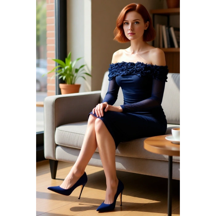 Kadınlara Özel Bodycon Kesim Carmen Yaka Gül Detaylı Midi Tül Abiye Elbise Uzun Kollu Astarlı