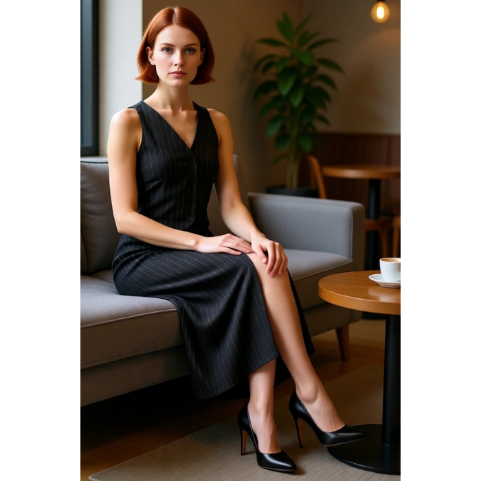 Kadınlara Özel Bodycon Kesim Çizgili V Yaka Kolsuz Midi Örme Elbise Akıllı Tasarım Düğmeli Şıklık